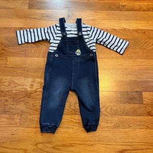 Mayoral Newborn Baby 6-9 Month Boys Striped Shirt Blue Overalls Dog Matching Set